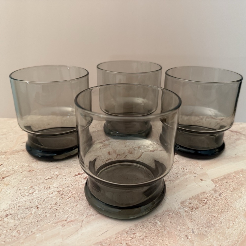 Vintage Libbey STAX Set of 4 Smoked Gray Old Fashioned Low Ball Cocktail Glasses